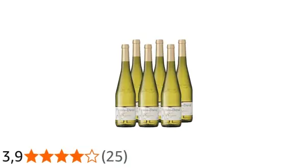 Sechs Flaschen Muscadet Wein, "Plessis-Duval Sur Lie", stehen nebeneinander.