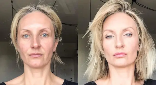Porównanie twarzy 40-latki przed i po makijażu. Po prawej stronie widać, jak powinna wyglądać twarz 40-latki z subtelnym podkreśleniem urody.