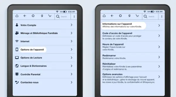 Paramètres du format lecture Kindle : options de l'appareil, heure, redémarrage, réinitialisation et options avancées.