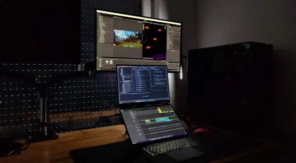 Stanowisko programisty z trzema monitorami, na których widać edytor kodu i scenę gry. Czy c.