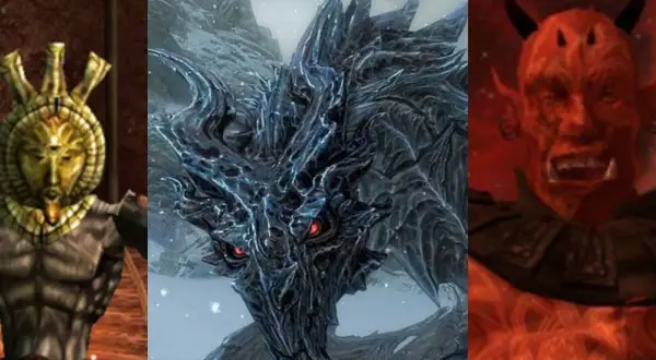 Postacie z gier: złota maska, smok z czerwonymi oczami i czerwony demon. Czy to Dagoth Ur i jego sojusznicy?