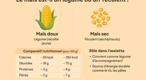 Le maïs est-il une céréale ? L'image compare le maïs doux (légume) et le maïs sec (féculent), montrant leurs rôles et valeurs nutritionnelles.
