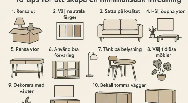 Illustrationer visar 10 tips för ett minimalistiskt hem: rensa ut, välj neutrala färger, satsa på kvalitet, håll öppna ytor, använd bra förvaring, tänk på belysning, välj tidlösa möbler, dekorera med växter och behåll tomma väggar.