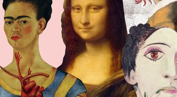 Kolaż słynnych obrazów z kobietą: Frida Kahlo z sercem, Mona Lisa i portret Picassa.