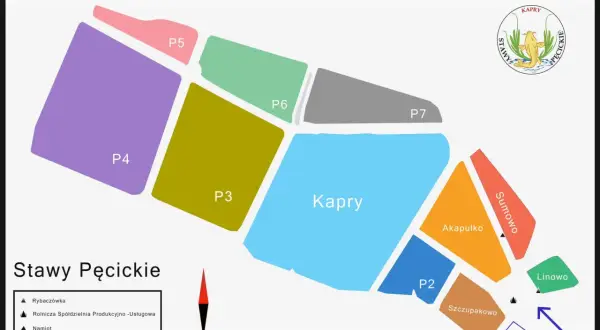 Mapa Stawy Pęcickie z podziałem na łowiska: Kapry, P2, P3, P4, P5, P6, P7, Akapulko, Sumowo, Linowo, Szczupakowo. Wjazd i parking.