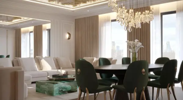 Elegancki salon z jadalnią. Złoty, ozdobny sufit napinany w jadalni, który może mieć wady, ale wygląda efektownie.