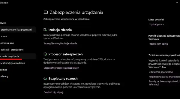 Zabezpieczenia urządzenia w Windows 11: izolacja rdzenia chroni jądro systemu. Zobacz szczegóły.