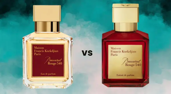 Dwie butelki Maison Francis Kurkdjian Baccarat Rouge 540: jedna z płynem w kolorze bursztynowym (Eau de parfum), druga z intensywnie czerwonym (Extrait de parfum).