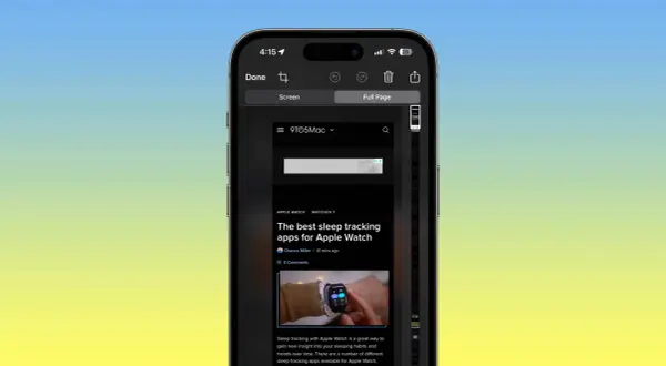 Jak zrobic zrzut ekranu w iPhone? Widok ekranu z opcją "Full Page" do zapisania całej strony.