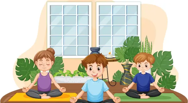 Niños practicando posturas yoga, sentados en esterillas con los ojos cerrados y las manos en mudra. Un ambiente sereno con plantas y ventanas.