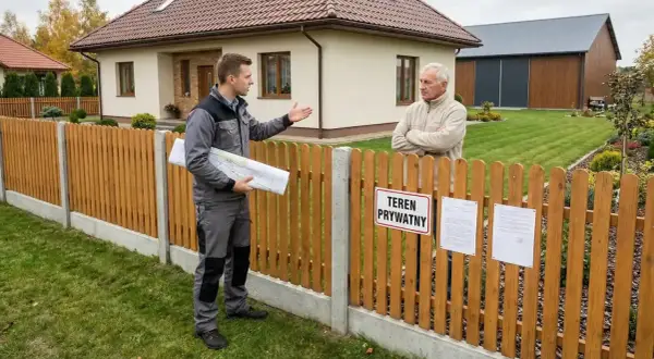 Młody mężczyzna z planami w ręku tłumaczy starszemu panu, że sąsiad przejeżdża przez moją działkę. Tabliczka "Teren prywatny" i dokumenty na płocie.