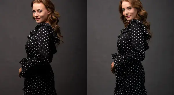A woman in a polka dot dress poses, showcasing how fill light in photography can illuminate details and create a captivating portrait.