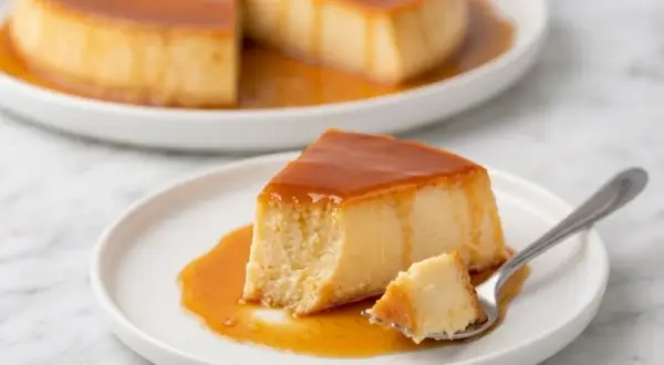 Delizioso latte alla portoghese con caramello dorato, servito su un piatto bianco. Una fetta è già stata assaggiata con una forchetta.
