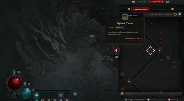 Diablo 4: nekromanta build. Drzewko umiejętności z aktywną zdolnością "Wybuch Zwłok", która zadaje obrażenia pobliskim wrogom.