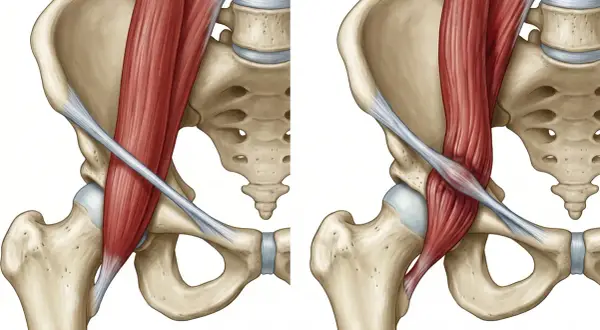Anatomia biodra: po lewej mięsień przyczepiony luźno, po prawej widać przeskakiwanie w biodrze, gdy mięsień napina się i przesuwa.