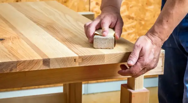 Mains poncent un plan de travail en bois avec une cale à poncer pour une finition lisse.