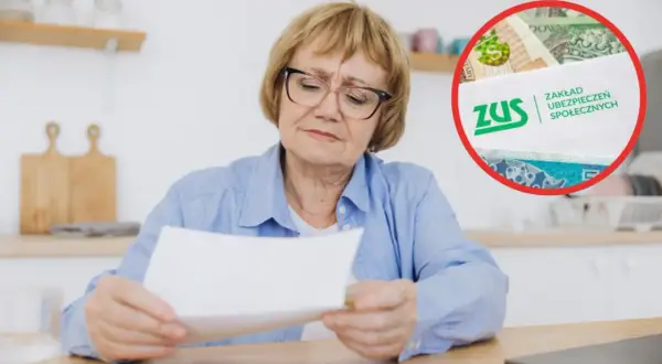 Zmartwiona kobieta analizuje dokumenty dotyczące stażu pracy i ZUS. W tle widać pieniądze i logo ZUS.