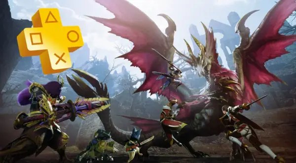 Gry co miesiąc PS Plus: bohaterowie walczą z potężnym smokiem w fantastycznym świecie.