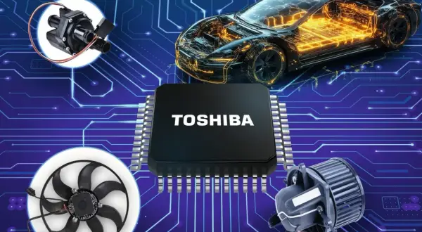Ein Toshiba-Chip, ein Auto-Chassis, eine Wasserpumpe und ein Lüfter auf blauem Leiterplattenhintergrund.