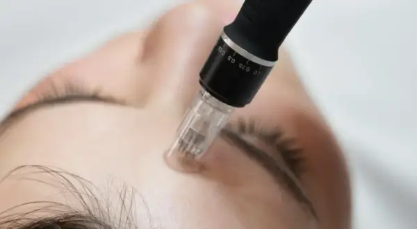 Un stylo de microneedling, utilisé pour un soin avec aiguille, effleure le front d'une personne.