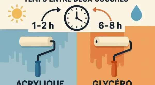 Temps de séchage entre deux couches de peinture : 1-2h pour l'acrylique, 6-8h pour la glycéro. L'égrenage peinture est plus rapide avec l'acrylique.
