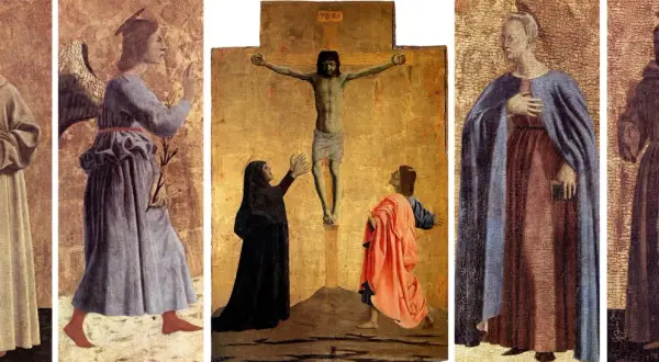 Il polittico della misericordia mostra San Francesco, un angelo, la crocifissione con la Vergine e San Giovanni, e una santa.