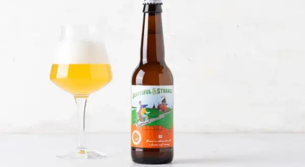 Bicchiere di birra dorata con schiuma bianca accanto a una bottiglia di birra "Beautiful & Strange" Gose, una birra salata dal gusto unico.