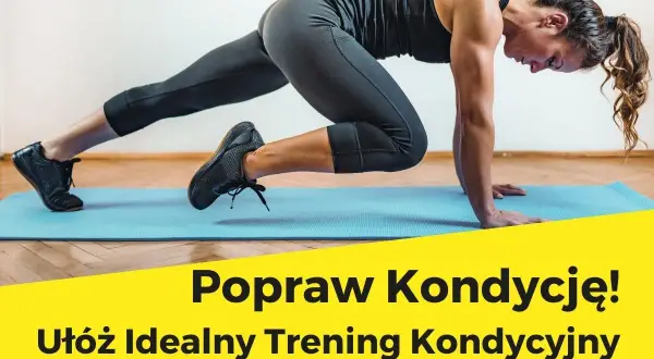 Kobieta wykonuje ćwiczenie "mountain climber" na macie. To świetny przykład treningu interwałowego, który poprawia kondycję.