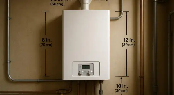 Biały piec gazowy 24kW, z wymiarami, idealny do ogrzewania domu.