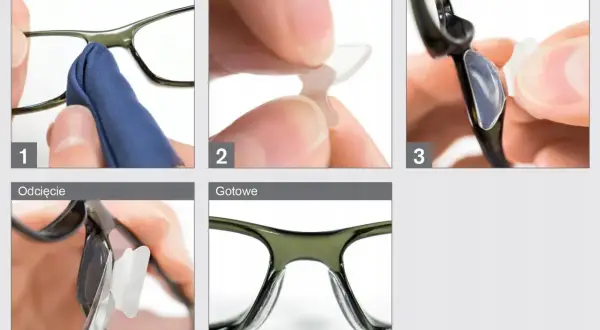 Instrukcja krok po kroku: wymiana nosków w okularach. Czyszczenie, odklejanie folii, przyklejanie i przycinanie nowych nosków.