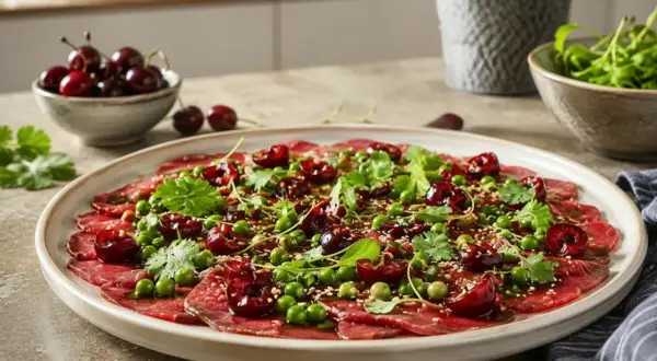 Wykwintne carpaccio z gęsi z wiśniami, groszkiem i kolendrą, posypane sezamem.
