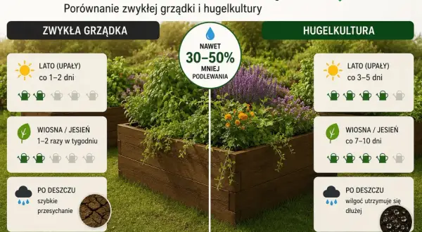 Porównanie grządek: zwykła vs. hugelkultura. Hugelkultura zatrzymuje wilgoć, dzięki czemu ziemia kompostowa dłużej pozostaje nawodniona.