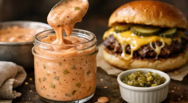 Une cuillère verse une sauce onctueuse, parfaite pour une idée sauce burger. Un burger dégoulinant de fromage et de cornichons est en arrière-plan.