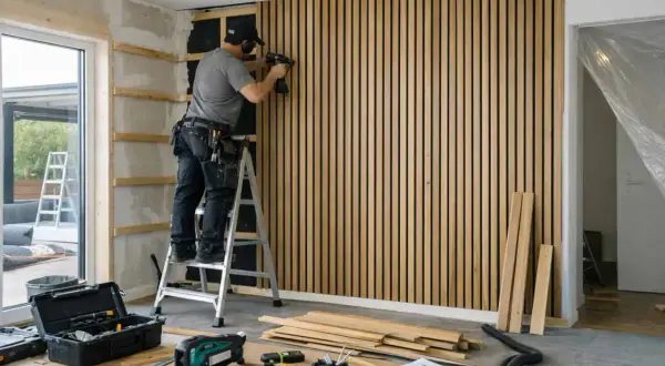 Man på en stege använder en spikpistol för att montera akustikpanel på en vägg. Verktyg och material ligger utspridda på golvet.
