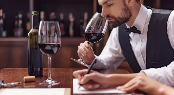 Doświadczony specjalista od wina wącha kieliszek czerwonego wina, podczas gdy ktoś obok notuje.