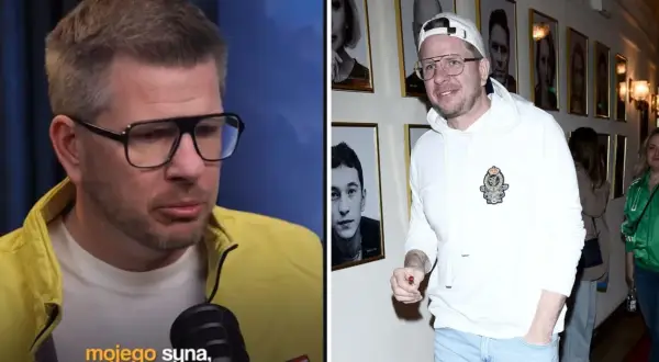 Chajzer w żółtej kurtce i w białej bluzie z czapką. Czy Chajzer ma dzieci? Na zdjęciu widać też portrety.