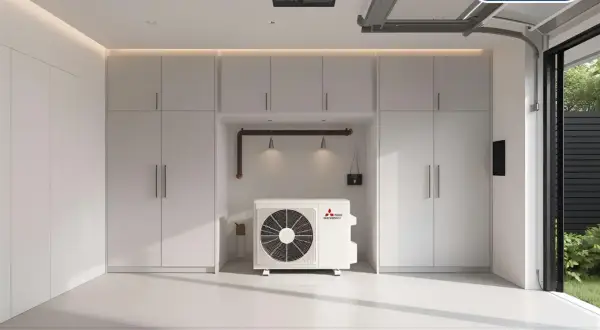 Unidad exterior de aerotermia Mitsubishi, ideal para instalar en garajes o espacios amplios.