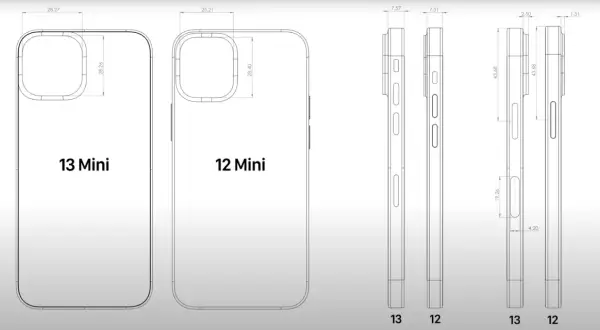 Porównanie iPhone 13 Mini i 12 Mini: schematyczne rysunki z wymiarami pokazują różnice w obudowie i aparacie.