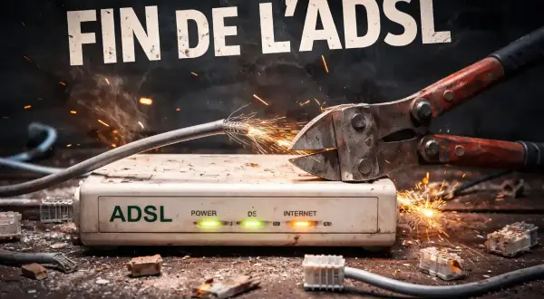 Des grosses pinces coupantes sectionnent un câble ADSL, provoquant des étincelles. Le texte "FIN DE L'ADSL" flotte au-dessus.
