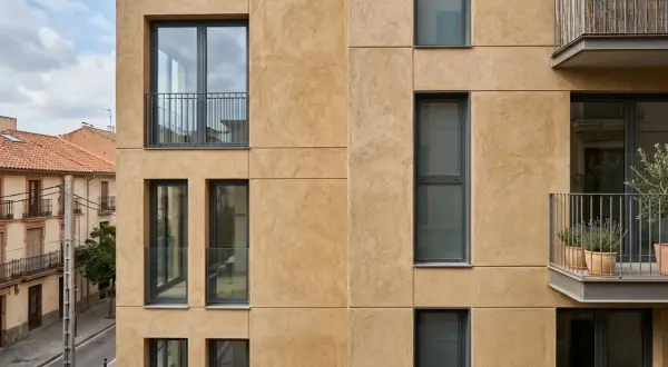 Fachada moderna con textura de arena, ventanas oscuras y balcones. El mejor mortero para fachadas exteriores protege esta construcción.