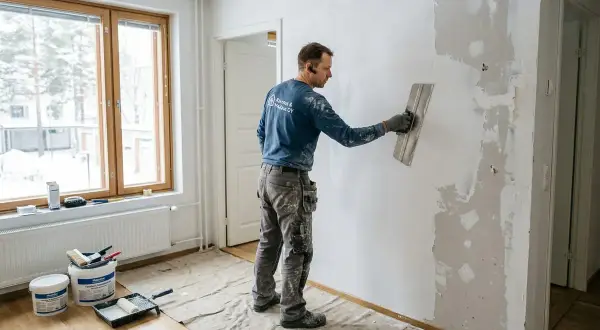Man spacklar en vägg, torktid spackel innan målning. Verktyg och färgburkar står på golvet.