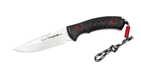 Cuchillo Muela Phantom con mango negro texturizado y cordón de sujeción.