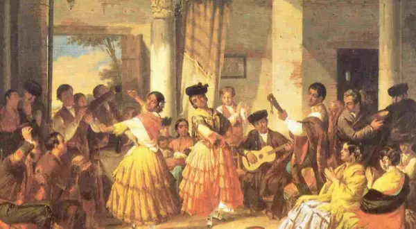 Una escena vibrante de la historia del flamenco: mujeres bailan con faldas voluminosas, hombres tocan guitarra y palmean, mientras el público aplaude.