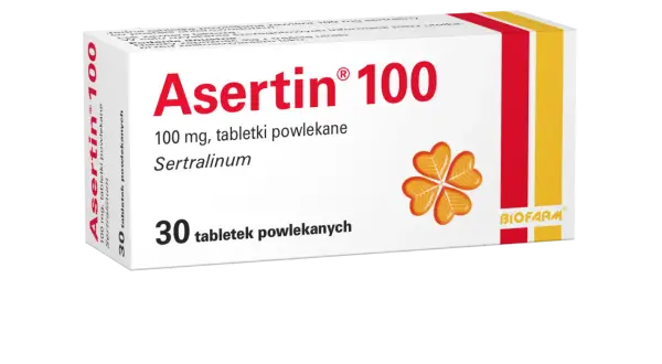 Opakowanie leku Asertin 100 mg, zawierającego sertralinę, na co pomaga w leczeniu depresji. 30 tabletek.