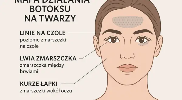 Mapa działania botoksu na twarzy: miejsca wstrzyknięć na czoło, lwia zmarszczka i kurze łapki.