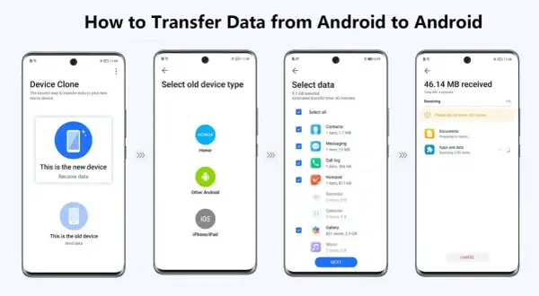 Guía para pasar todo de un móvil a otro Android. Muestra los pasos: seleccionar nuevo dispositivo, tipo de móvil antiguo, datos a transferir y progreso de recepción.