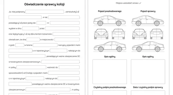 Formularz oświadczenia sprawcy kolizji drogowej, z miejscem na opis uszkodzeń pojazdów i danymi uczestników zdarzenia.