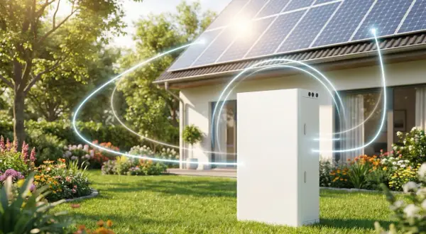 Biały magazyn energii stoi na trawniku przed domem z panelami słonecznymi na dachu.