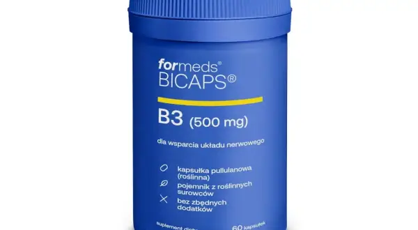 Niebieski pojemnik suplementu diety Formeds BICAPS B3 (500 mg) z kwasem nikotynowym dla wsparcia układu nerwowego.