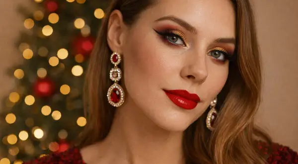 Un trucco natalizio semplice con occhi dorati e rossi, labbra rosse brillanti e orecchini pendenti.